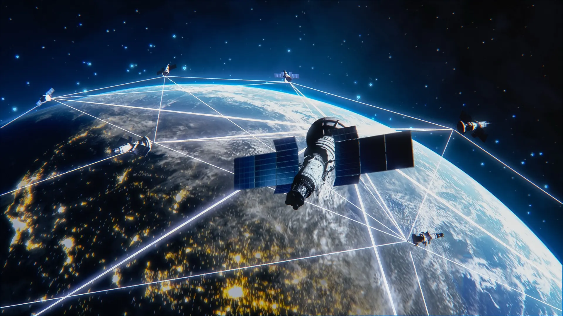 Satellites in orbit representing space and launch system cable assembly