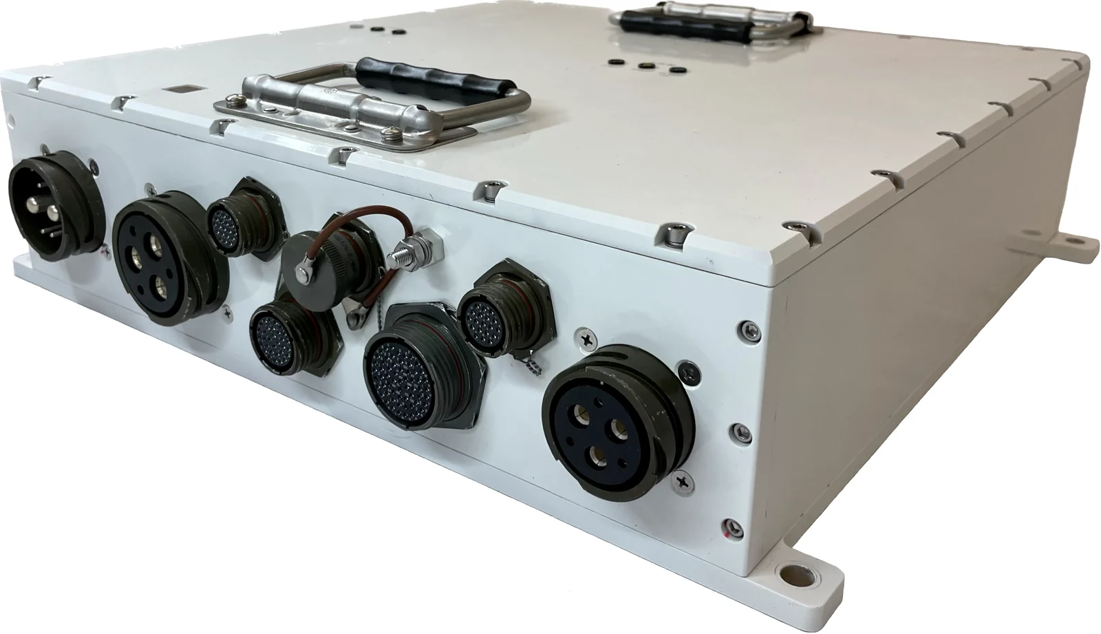 Radbon electronics enclosure with panel-mounted circular connectors and carry handles